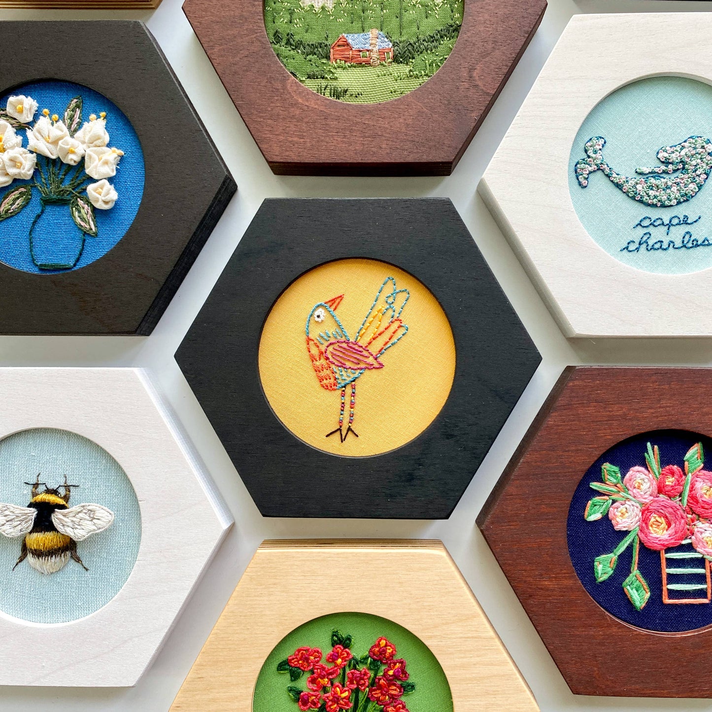 HEXAGON Embroidery Hoop Frame for 3" Hoops: Dark Walnut Stain