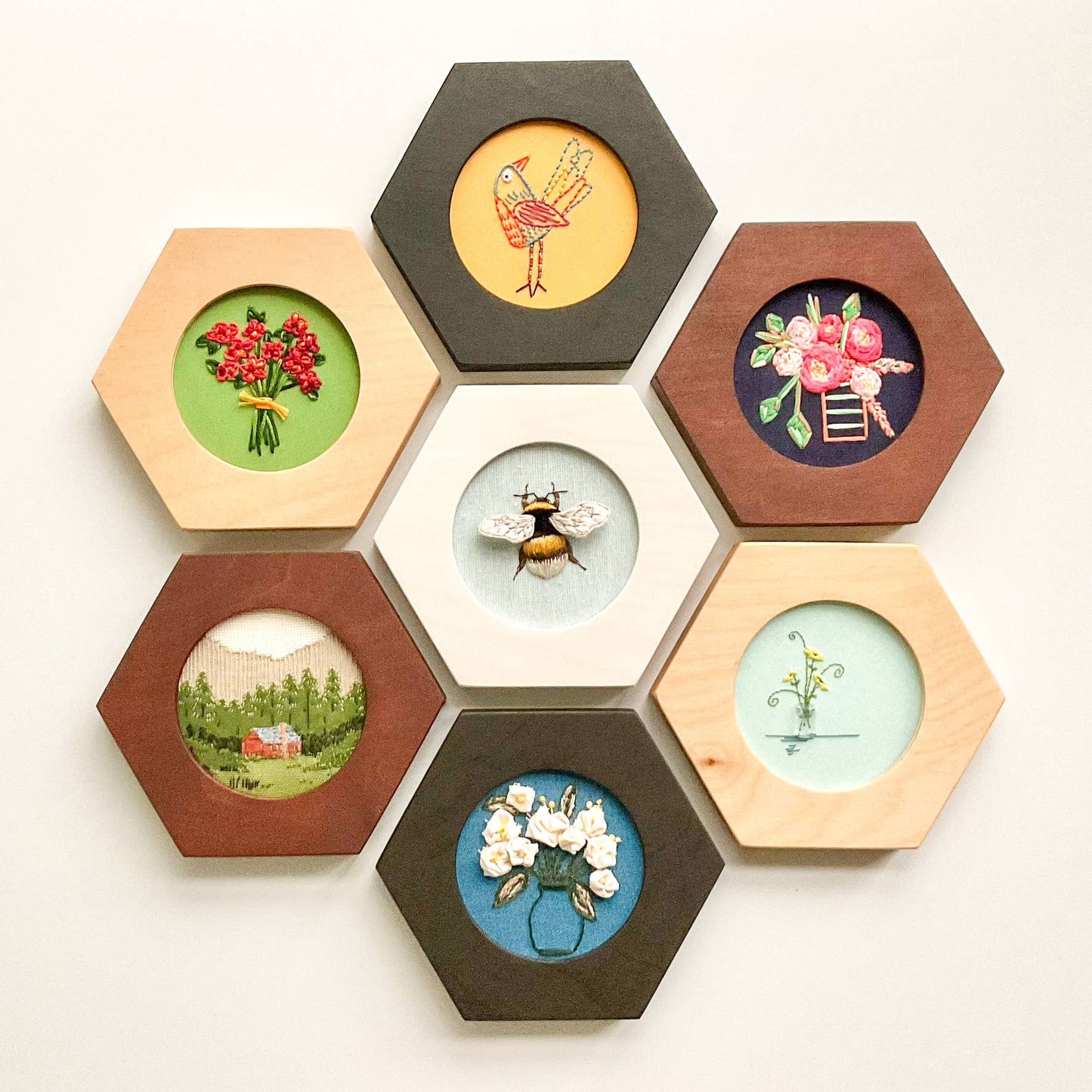 HEXAGON Embroidery Hoop Frame for 3" Hoops: Dark Walnut Stain